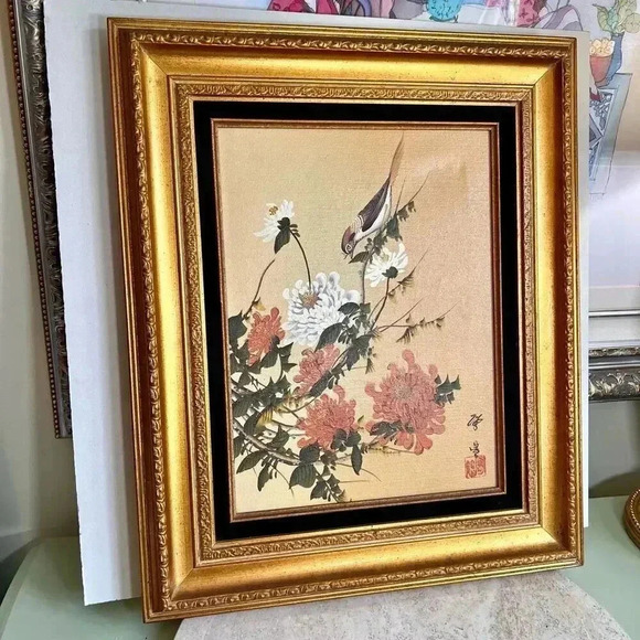 Vintage Royal Chinese Painting Bird Floral Scene Black Velvet Trim Gold Frame - Picture 2 of 15